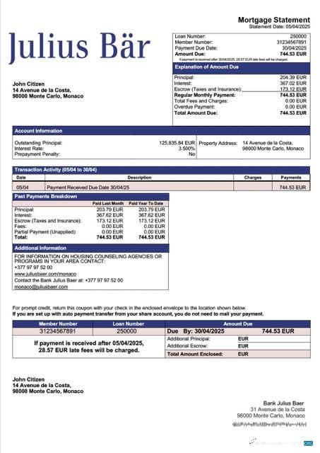 Download Monaco Bank Julius Baer mortgage statement Word and PDF template Photoshop template